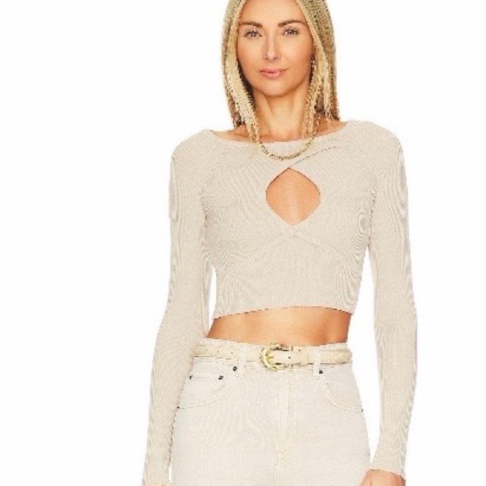 Rani Arabella Cream Ribbed Cutout Long-Sleeve Crop Top
